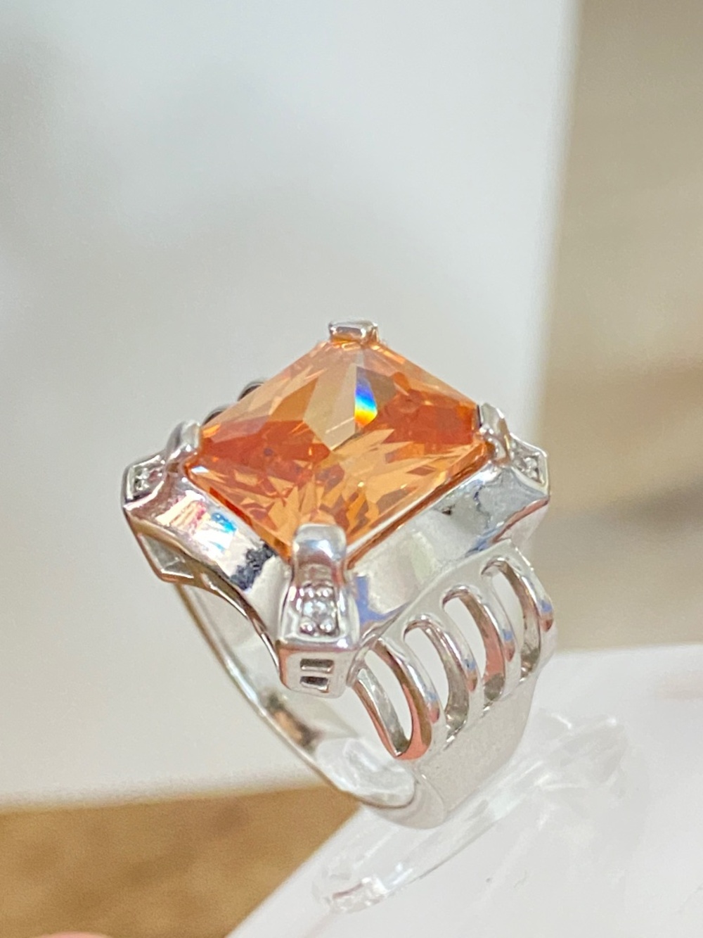 Brilliant Silver Tone Peach Orange Crystal Cocktail Statement Ring